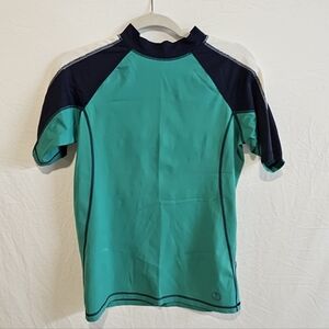 Lands' End Short Sleeve Rash Guard Swim Shirt 14-16 Large Blue Green